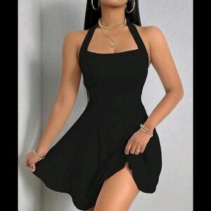 NWOT Fit & Flare Backless Halter Neck Dress Solid Black